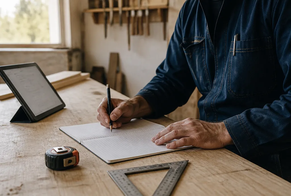 Illustration d’un artisan préparant un devis à son établi